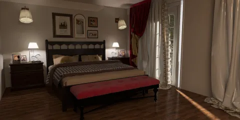 Cozy bedroom featuring a king-size bed with textured bedding, designed in a modern rustic style, enhancing relaxation and comfort; showcasing Homestyler's real-time 3D rendering feature for an accurate design preview.