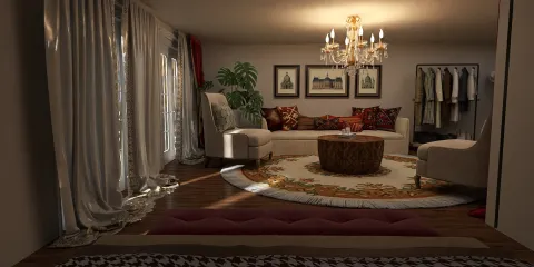 Elegant living room featuring a cozy seating arrangement with a chandelier, styled with warm colors and intricate patterns, showcasing a modern interior design using Homestyler's real-time 3D rendering feature.