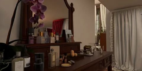 dressing table with cosmetics and beauty products arranged elegantly in a classic style, showcasing a cozy bedroom atmosphere using Homestyler's real-time 3D rendering feature.