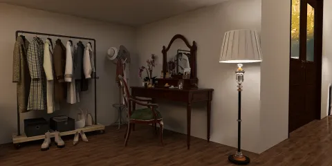 dressing area featuring a wooden vanity and clothing rack, showcasing a vintage style; ideal for creating an organized and stylish personal space with Homestyler's real-time 3D rendering feature.