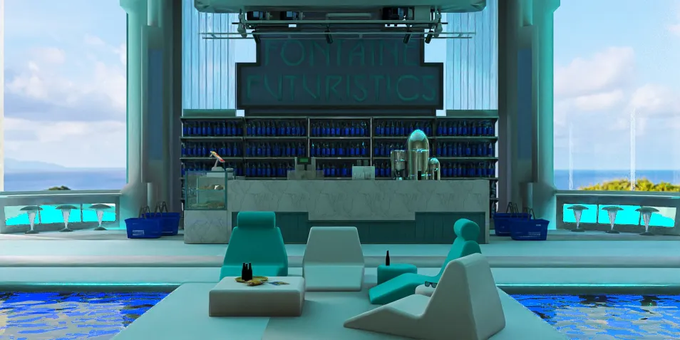 futuristic lounge area featuring a stylish bar design with a swimming pool view, showcasing a modern aesthetic and optimized for social gatherings using Homestyler's real-time 3D rendering.