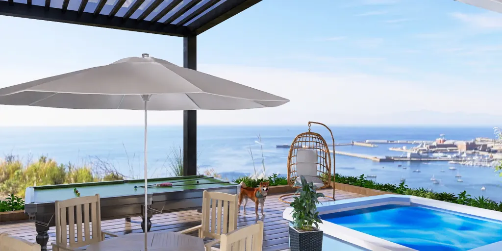 a large pool with a balcony overlooking a beach 
