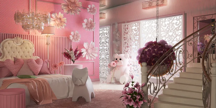 a room with a pink and white cat and a pink and white dog 