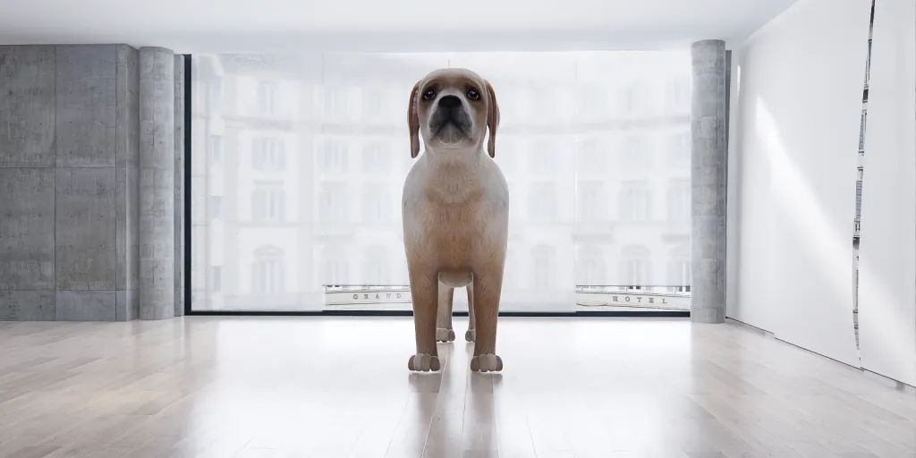 a dog standing in a room with a white wall 