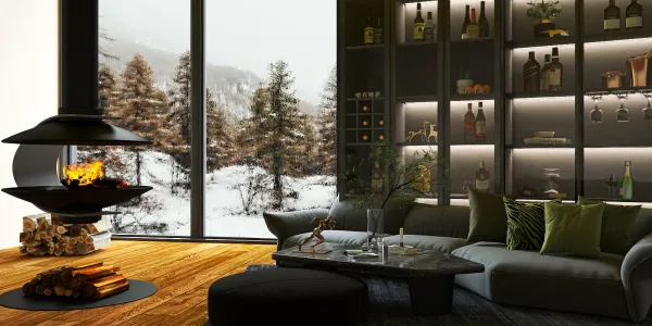 modern living room design featuring a unique fireplace, showcasing a cozy aesthetic with a warm color palette, ideal for creating a comfortable retreat in winter, utilizing Homestyler's real-time 3D rendering feature.