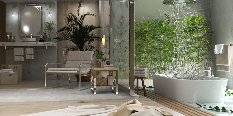 modern bathroom featuring a sleek freestanding bathtub and lush greenery, designed with natural materials for a calming atmosphere, utilizing Homestyler's real-time 3D rendering for accurate visualization.