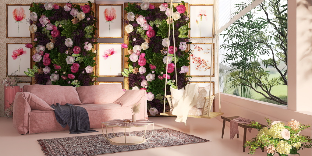 a living room with a flower arrangement on the wall 