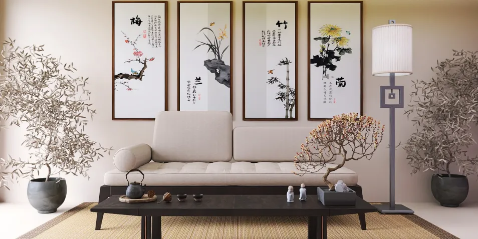 A modern living room featuring a light beige sofa with a wooden coffee table, decorated with small plants and art pieces, showcasing a minimalist design style that emphasizes tranquility and elegance, utilizing Homestyler's real-time 3D rendering feature.