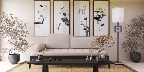 A modern living room featuring a light beige sofa with a wooden coffee table, decorated with small plants and art pieces, showcasing a minimalist design style that emphasizes tranquility and elegance, utilizing Homestyler's real-time 3D rendering feature.