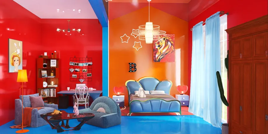 a living room with a red couch and a blue chair 