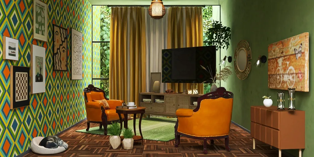 a living room with a couch, chair, tv and a lamp 