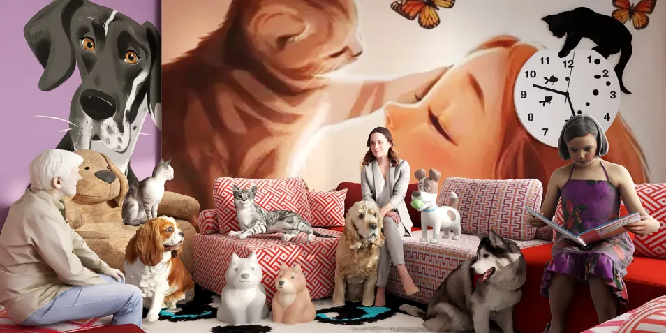 living room design with pets on display and lively art, featuring smart furniture arrangement for family spaces, utilizing Homestyler's real-time 3D rendering for a quick visualization.