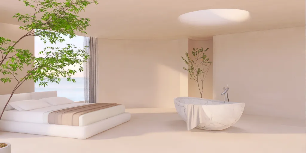 a white bed with a white pillow and a white table 