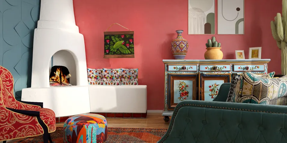 brightly colored living room featuring a stylish fireplace design with vintage decor elements, showcasing a modern aesthetic with a cozy atmosphere, ideal for interior decor inspiration using Homestyler's real-time 3D rendering feature.