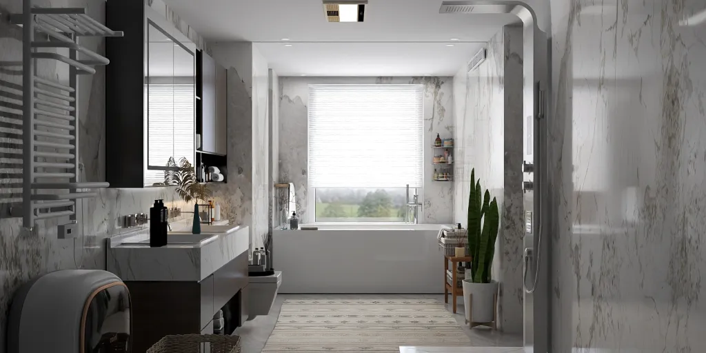 a large white bathroom with a window 
