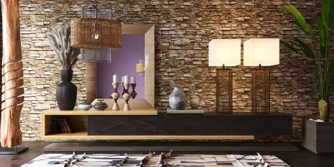 modern living room with stone accent wall featuring stylish furniture arrangement, showcasing interior decor aesthetics and utilizing Homestyler's real-time 3D rendering for design previews.