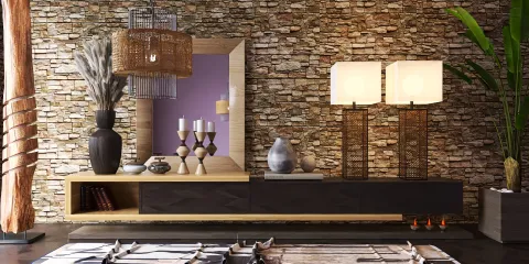 elegant console table styling featuring modern vases and decorative lamps in a rustic interior design, enhancing the aesthetic appeal of living room spaces, utilizing Homestyler's real-time 3D rendering feature.