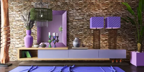 A modern interior design featuring a wooden console table with purple decor elements, incorporating a stone wall background, showcasing an artistic arrangement of vases, candles, and unique lighting, optimized using Homestyler's real-time 3D rendering feature.