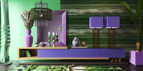 vibrant living room with purple and green decor showcasing a modern design style, featuring intelligent furniture arrangement using Homestyler's smart layout function.
