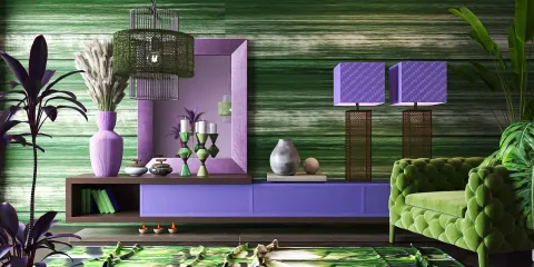 vibrant green and purple living room design showcasing furniture arrangement in a modern style with a focus on interior decor, utilizing Homestyler's smart furniture placement feature for optimized small space planning.