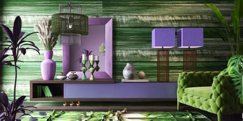 Living room interior featuring vibrant green and purple decor, showcasing modern furniture arrangement in a contemporary style, highlighting Homestyler's real-time 3D rendering for design previews.