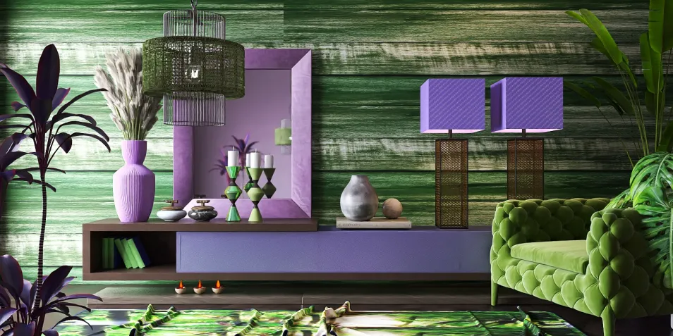 Living room interior featuring vibrant green and purple decor, showcasing modern furniture arrangement in a contemporary style, highlighting Homestyler's real-time 3D rendering for design previews.