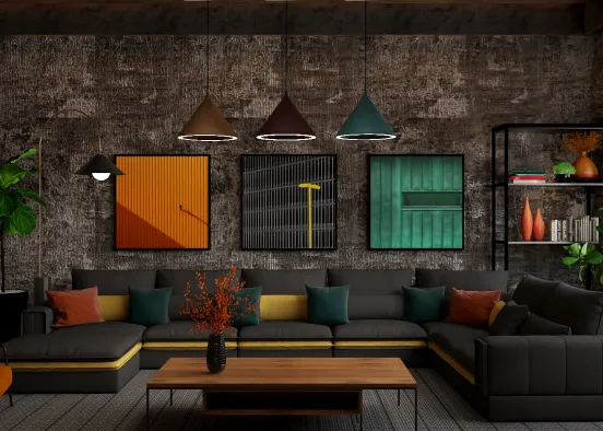Black, Orange and Green Living Room Design Rendering