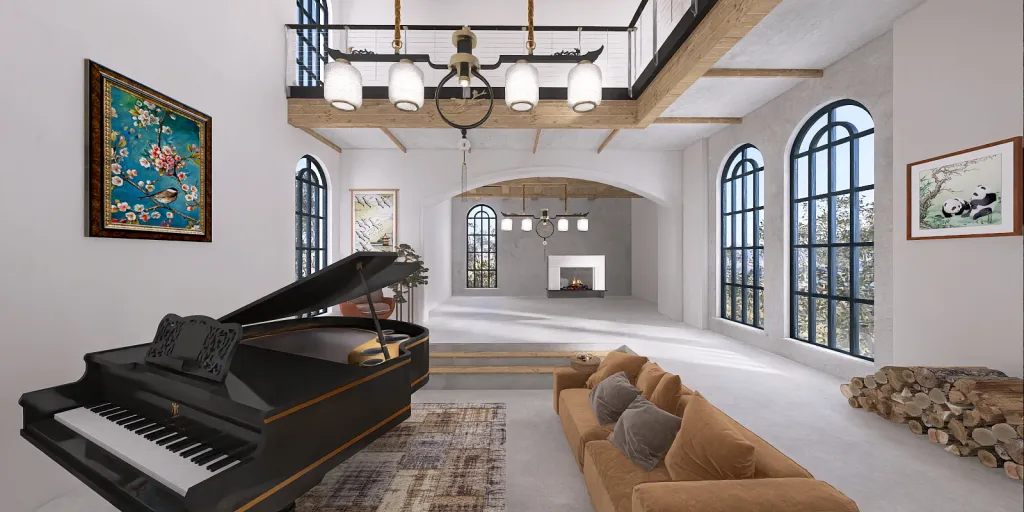 a living room with a piano and a large clock 
