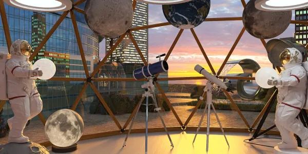 futuristic observatory interior showcasing telescopes and astronaut figures admiring the sunset through a geodesic dome, featuring advanced interior design planning with Homestyler's real-time 3D rendering.