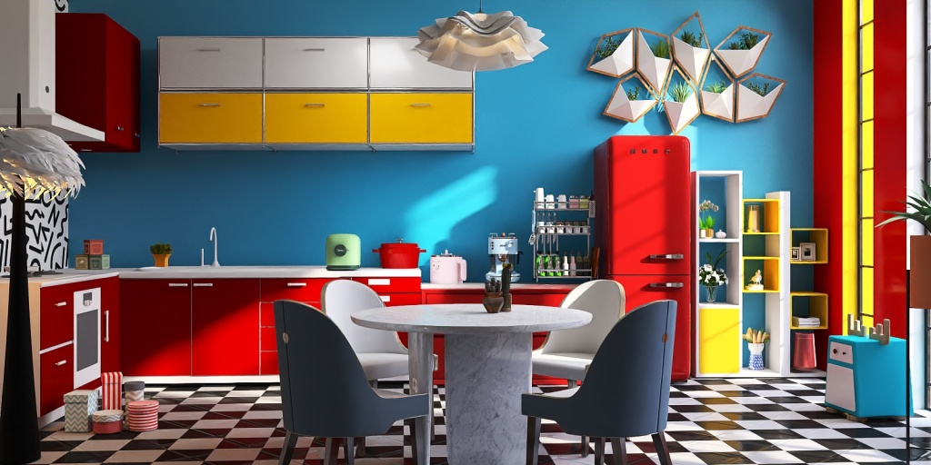 a kitchen with a table and chairs and a table with a blue wall 