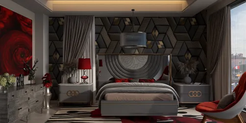 Grey, brown, red bedroom