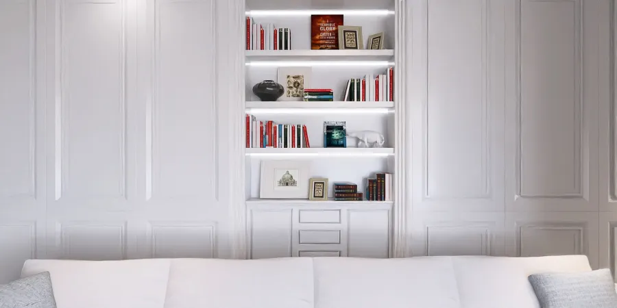 a white bed with a white wall and a white shelf 