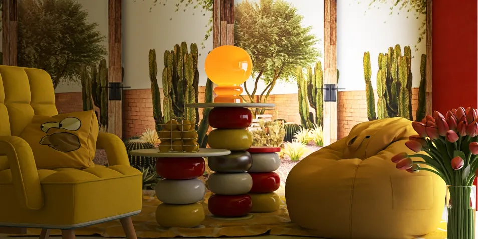 Colorful chair arrangement with playful furniture design in a vibrant setting featuring a cactus mural, optimized for interior decor showcasing Homestyler's real-time 3D rendering capabilities.