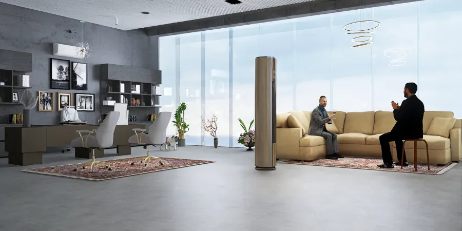 a man is standing in a living room with a couch and a coffee table 