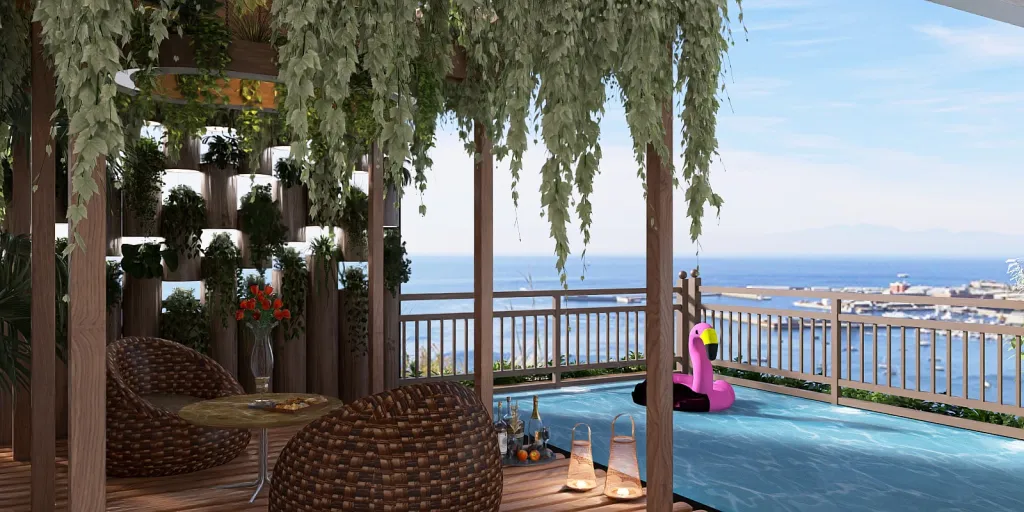a beach with a large pool and a balcony 