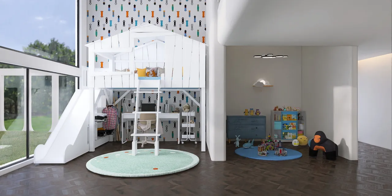 a living room with a blue floor and a blue chair 