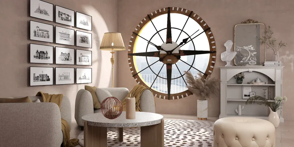 cozy living room with round clock featuring wall art and elegant furniture in a modern style, utilizing Homestyler's real-time 3D rendering for design previews
