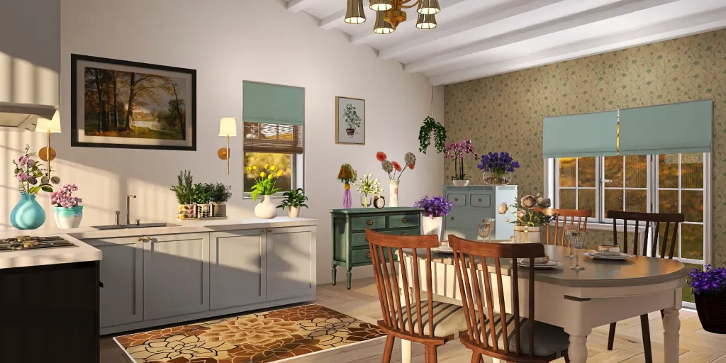 a kitchen with a table, chairs, and a vase of flowers 