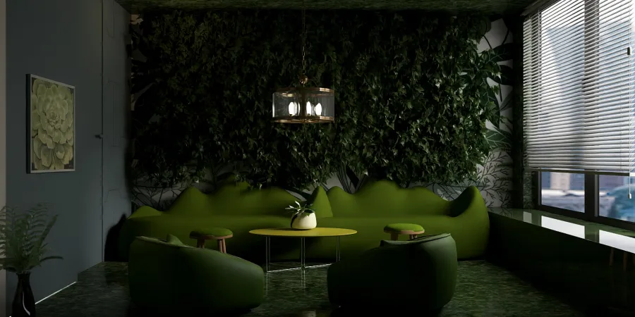 a green room with a green plant in the corner 