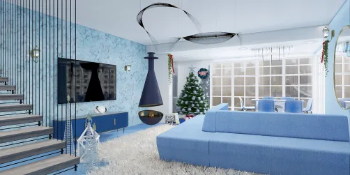 Blue living room with fireplace 