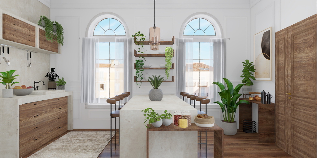 a kitchen with a sink, a counter, and a window 