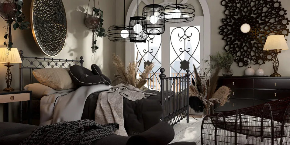 cozy bedroom with decorative plants and intricate lighting creating a warm ambiance in a modern bohemian style showcasing smart furniture arrangement using Homestyler's real-time 3D rendering feature