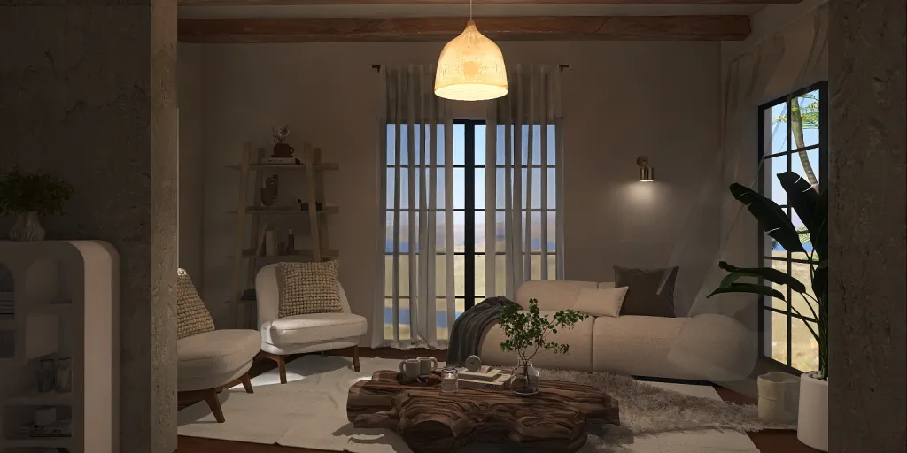 a living room with a couch, table, and a window 