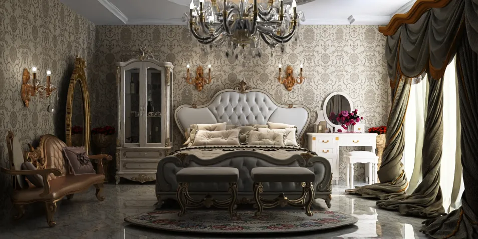 luxurious bedroom design featuring elegant furniture arrangement with vintage style and sophisticated decor elements, showcasing Homestyler's real-time 3D rendering functionality.