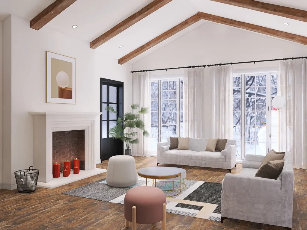 a living room with a couch, coffee table and a fireplace 