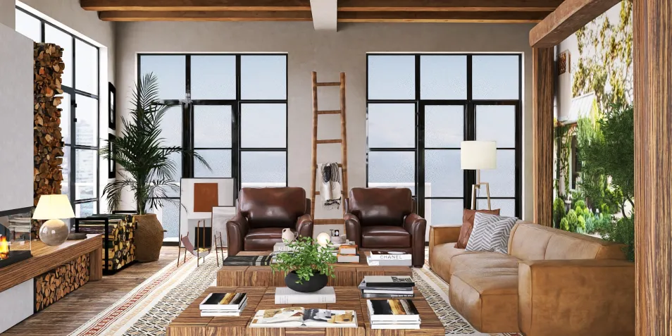 cozy living room with leather sofas showcasing interior design styles using Homestyler's real-time 3D rendering feature for an inviting atmosphere