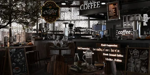 coffee shop interior design featuring a modern aesthetic with rustic elements, utilizing Homestyler's real-time 3D rendering for an immersive layout preview.