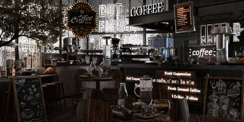 modern coffee shop interior design showcasing a cozy atmosphere with clever use of lighting and natural elements, featuring Homestyler's real-time 3D rendering capability for an instant design preview.