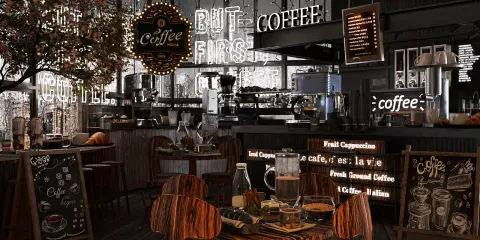 modern coffee shop with cozy seating and stylish decor featuring a vintage coffee bar, showcasing a blend of contemporary and rustic design elements, ideal for an interior decor project using Homestyler's real-time 3D rendering feature.