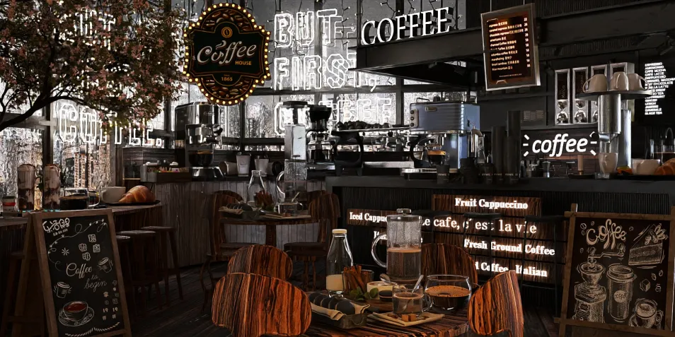 modern coffee shop with cozy seating and stylish decor featuring a vintage coffee bar, showcasing a blend of contemporary and rustic design elements, ideal for an interior decor project using Homestyler's real-time 3D rendering feature.